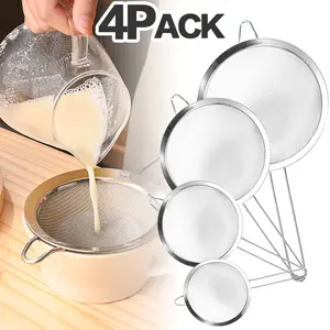 Pack fo 4 Stainless Steel Fine Mesh Strainers with Metal Handles - Multi-Size Flour Sifters & Oil Filters for Baking, Cooking, and DIY Kitchen Use - Durable Metal Screening Mesh for Food Filtering (3/4/5.5/8 inch) Set Utensils Noodle Pasta Sturdy