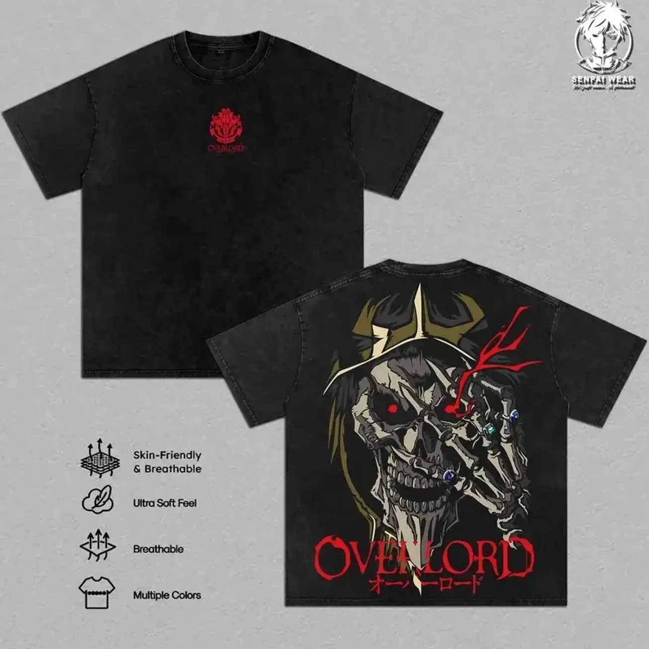 Men's Oversized Soft Cotton Printed T-Shirt - Ainz Ooal Gown Overlord Anime Vintage Washed Unisex Streetwear, Tomb of Nazarick Undead Magic Caster Graphic Tops, Gift for Anime Lovers HD2
