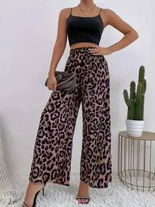 Women's Leopard Print Elastic Waist Wide Leg Pants, Casual High Waist Trousers, Ladies Bottoms for Daily Wear, Casual Chic Trousers, Boho Casual Bottoms, Casual Fashion Pants
