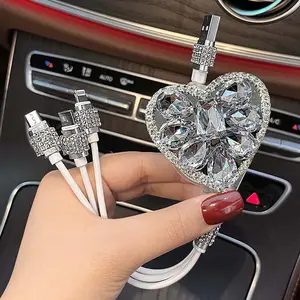 No-Tangle Car Charging Cable - 3-in-1 Rhinestone Heart Retractable Cord for Phones & Tablets