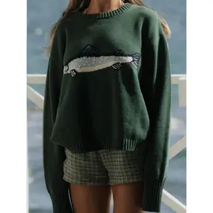 New Fashion Women's Sweater, Autumn Winter Loose High Elastic Round Neck Pullover Fish Pattern Knitwear, Casual Style