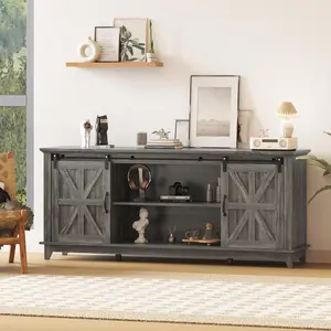 Classic Farmhouse TV Stand Cabinet for 75" Television, Home Entertainment Center with Adjustable Shelf&Sliding Barn Doors, Media TV Console Table,Oak