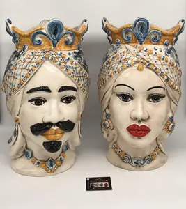Moor's Heads Saturn Caltagirone Ceramic cm H.37 L.22 Baroque Artisan Blue Ocher
