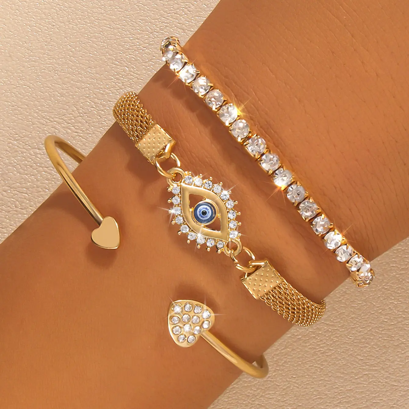 Best-selling geometric personalized evil eye three-layer women's bracelet set, vintage multi-layer chain bracelet