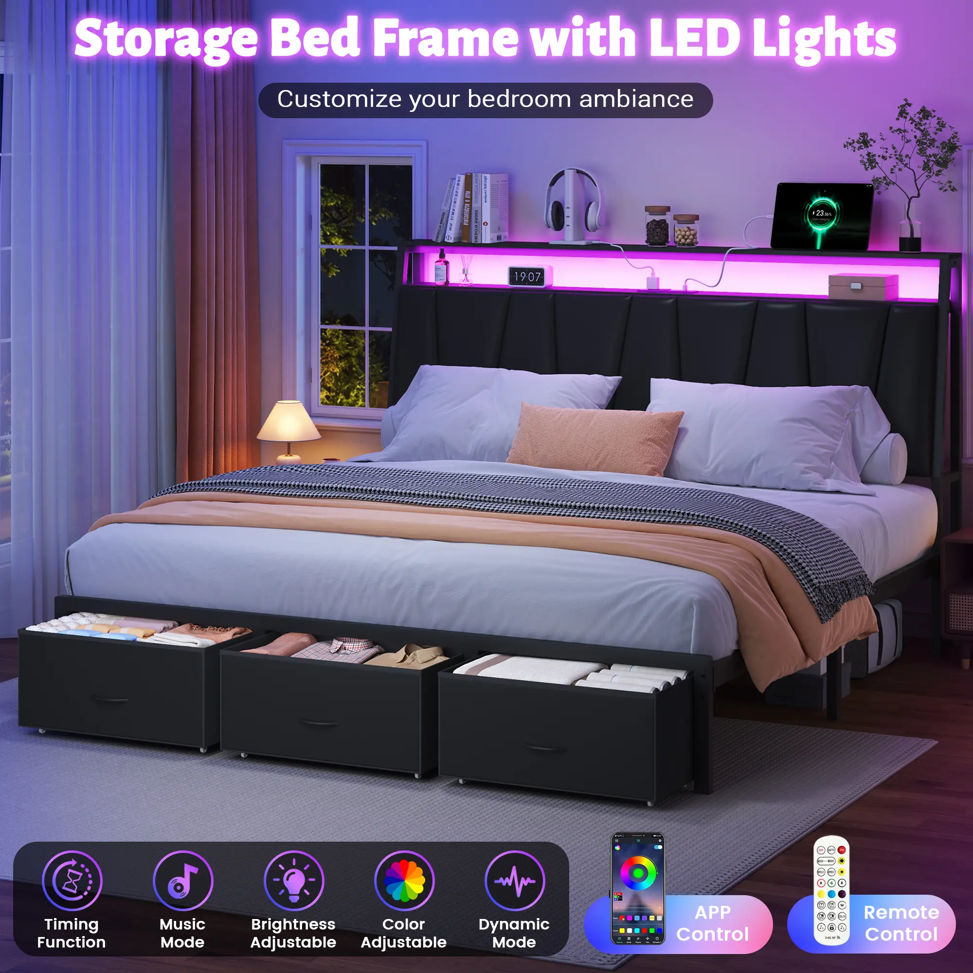 [Summerwins] [SummerFinds] TryLazy Bed Frame with LED Light and 2 Storage Drawers, Metal Platform Bed with Storage Headboard, Velvet Upholstered, Heavy-Duty Slats, No Box Spring Needed, Easy Assembly