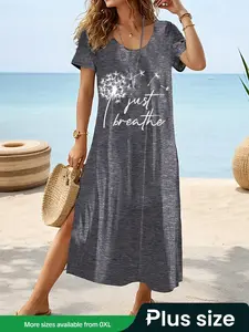 【Plus Size】 Butterfly & Dandelion Print Side Split Hem Dress, Casual Boho Style Short Sleeve Round Neck Long Dress for Summer, Women's Plus Clothing for Daily Wear