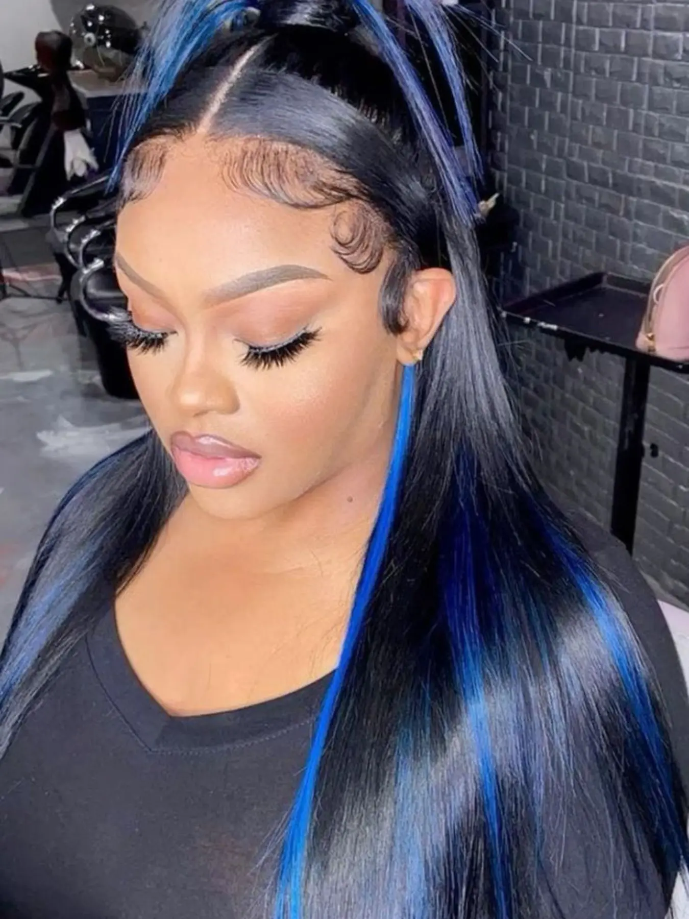 26 Inch Black and Blue Lace Front Wig Blue Highlight Straight Free Parting Natural Look Daily Wear Glueless Lace Wigs Synthetic Heat Resistant Glueless Frontal Wig Glueless Beginner Wig Synthetic Fiber Wig Hair Glueless Wigs