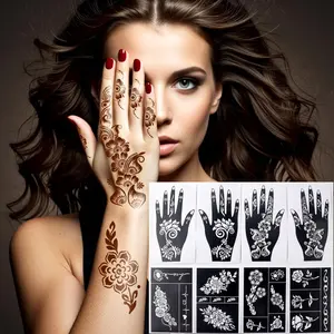 8-Piece Large Floral Cut-Out Tattoo Stencils Set, Women Hand Finger Face Body Paint, Glitter Spray Juice Paste, Size 20x10.5cm/17x11cm