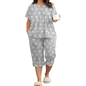 Plus Size Pajamas Sets for Women 2 Piece Soft Sleepwear Short Sleeve Top and Capri Pant Pjs Loungewear with Pockets