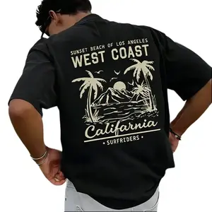 Men’s Loose Fit Heavyweight Cotton T-Shirt – West Coast California Los Angeles Sunset Beach Surfer Theme Graphic Tee, Retro Palm Tree & Mountain Sea Pattern, Black & Gold Color Block Design, Beach Vacation Streetwear Shirt.100% pure cotton T-shirt, casual