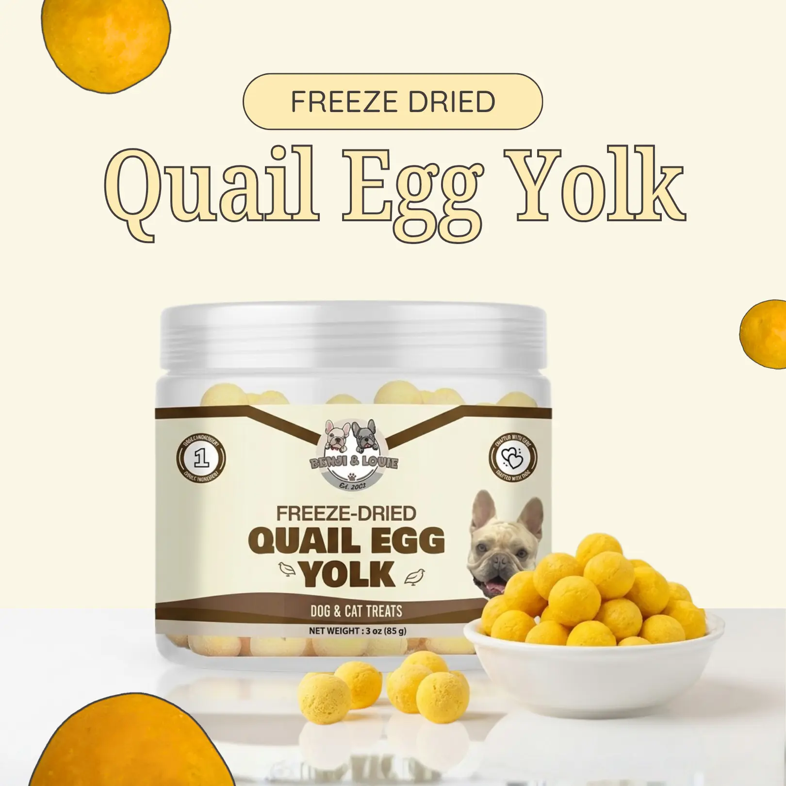 Benji & Louie Freeze Dried Quail Egg Yolk for Dogs, Quail Egg Yolk for Cats, Dogs and Cats Treats or Meal Toppers, Single Ingredient, 3 oz