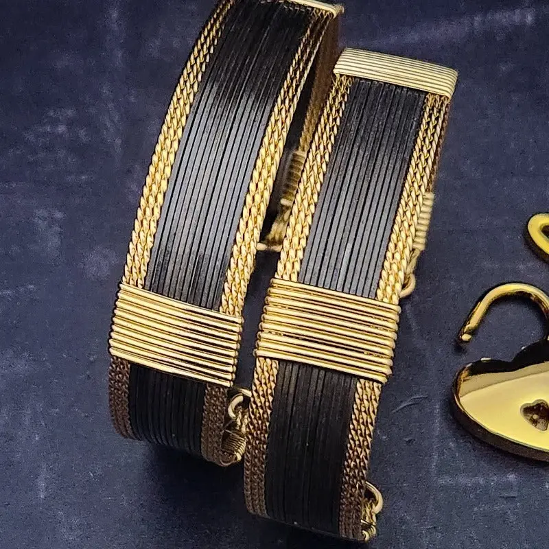 HANDCUFFS - AMARI Locking Submissive Handcuff Bracelet or Anklet, Black and Gold, BOLD