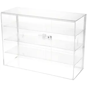 Plymor Clear Acrylic Locking Display Case with Sliding Back, 3 Shelves, 16" H x 22" W x 8.5" D