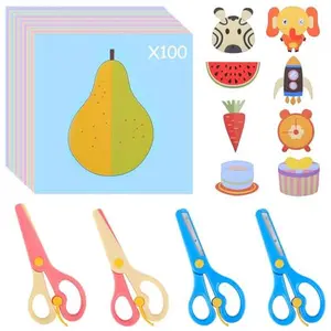Toddler Scissors 100 Paper Cutting+2 Plastic Scissors Safety Scissors Craft Set for Kids Gift