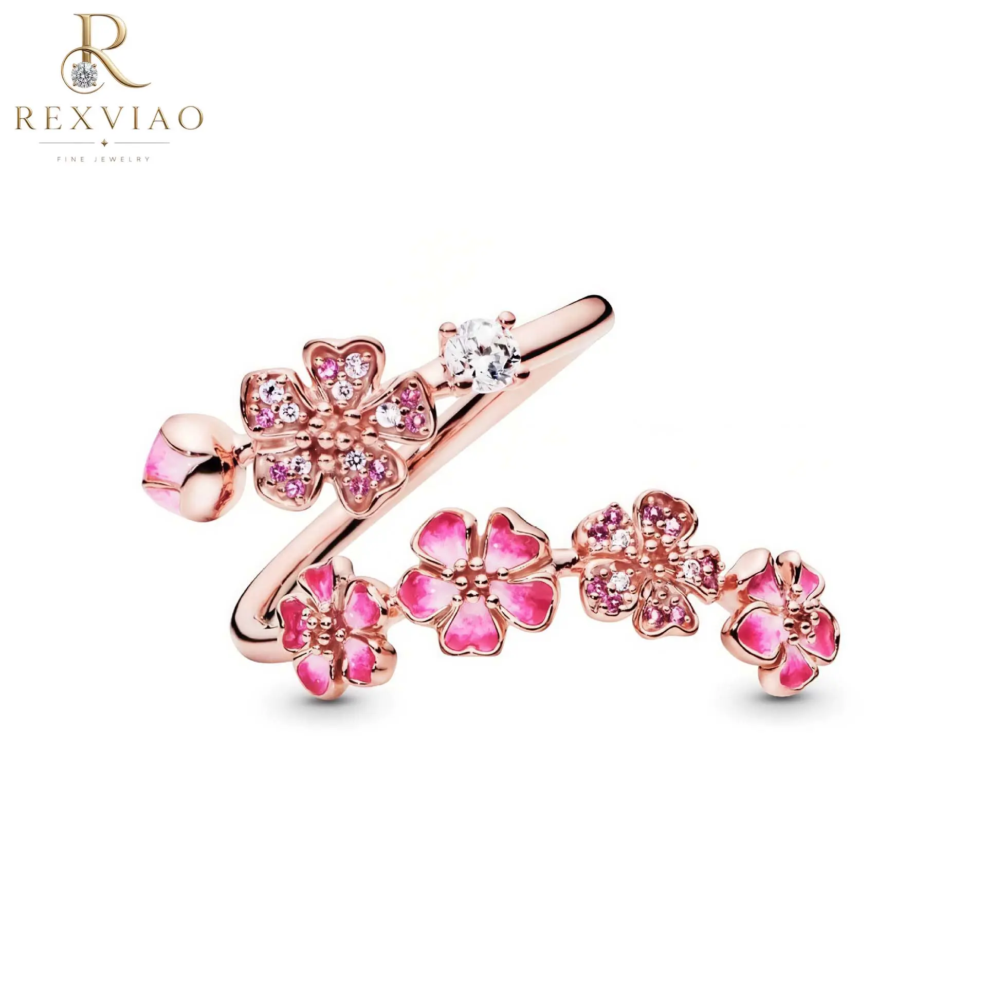 Rexviao Elegant Intertwining Peach Blossom Design Pavé Cubic Zirconia Ring for Women | Romantic Pink | Adjustable Open Band Style | A Gift of Love for Birthdays, Anniversaries, or Vows
