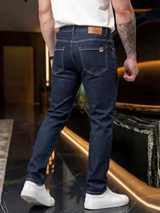 Men's Slim Fit Straight Leg Jeans, Micro-Elastic Denim Fabric, Back Pockets, Leather Tag, Casual Business Wear