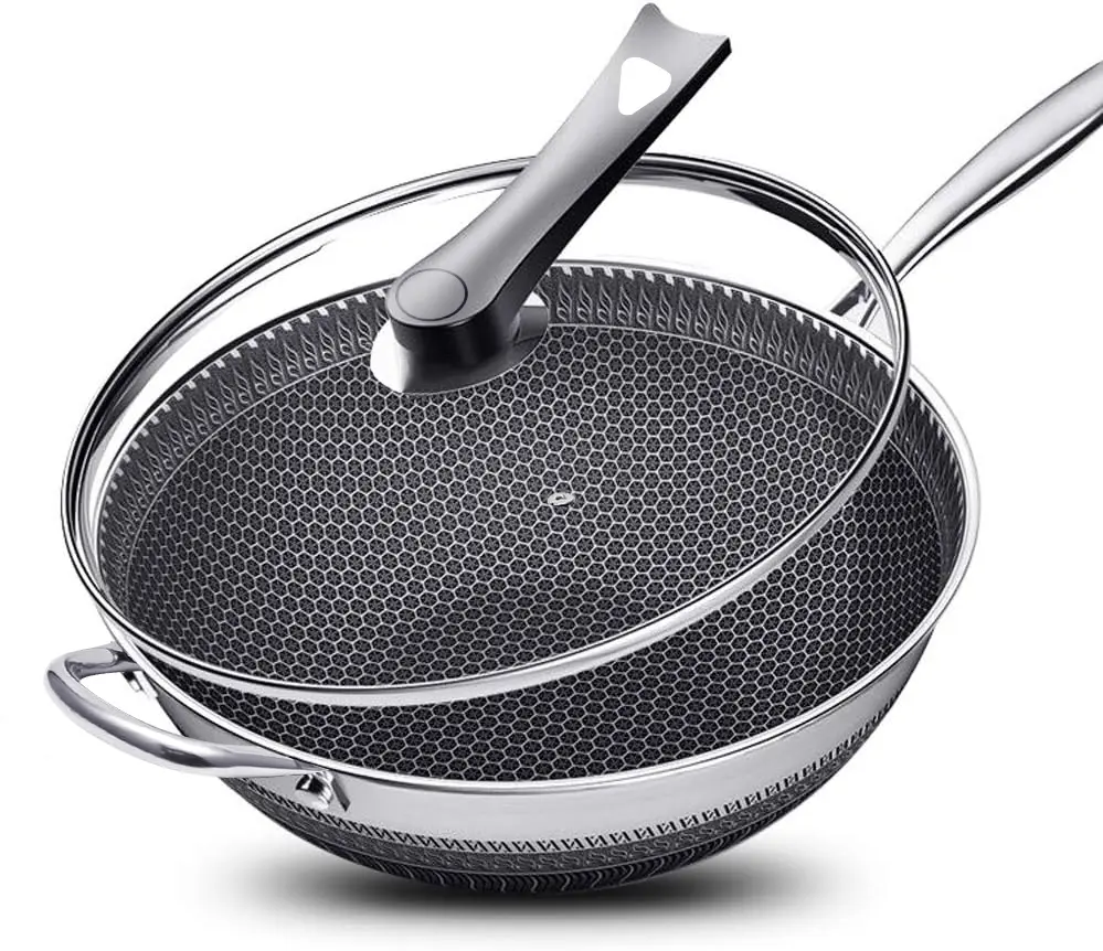 13.39-Inch Stainless Steel Non-Stick Wok with Lid, Honeycomb Design, Home Cooking Pan, Suitable for Induction Cookers, Electric Ceramic Stoves, and Kitchen Use Cookware