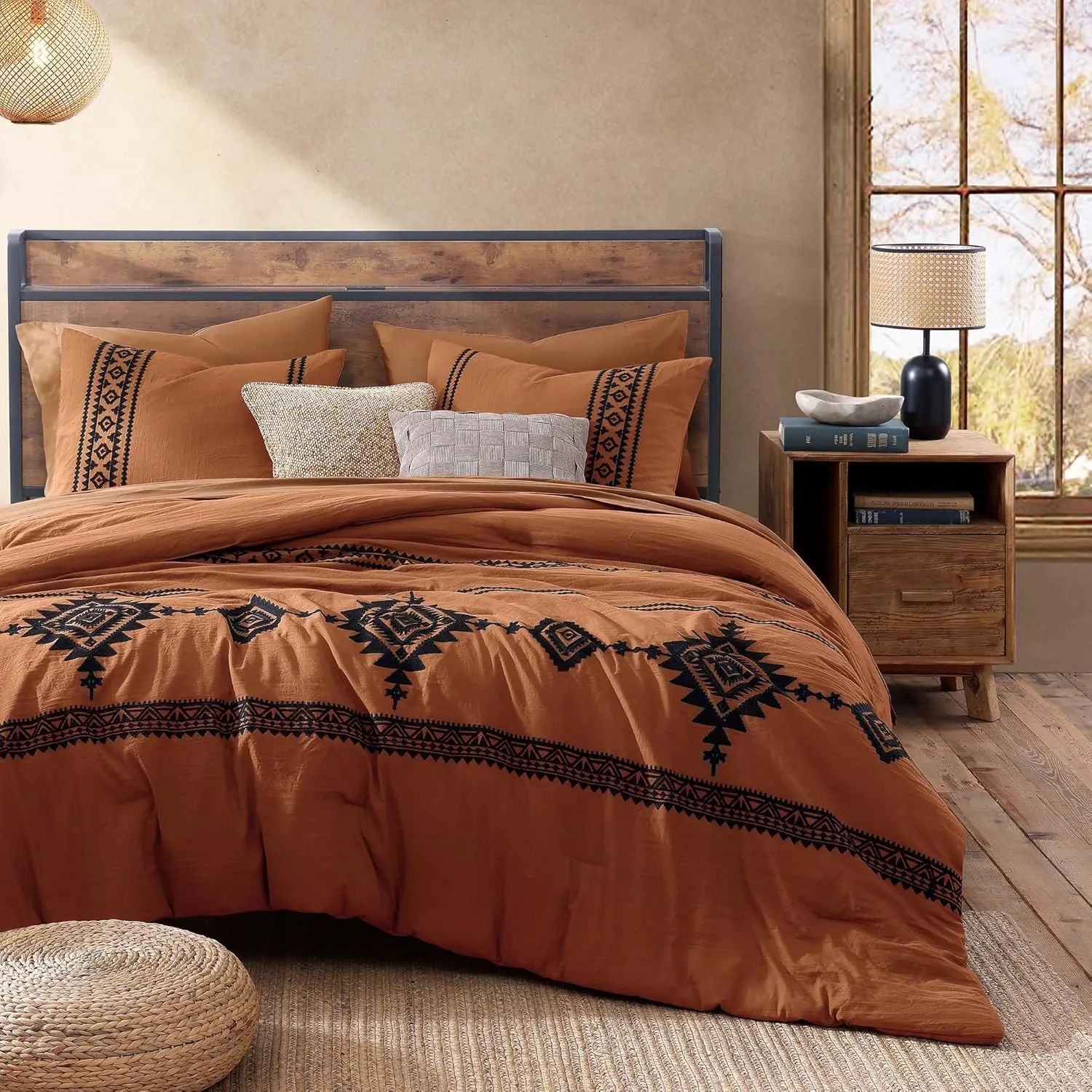 MaiRêve Embroidery microfiber Comforter Sets,boho Light Olive Green Western queen bedding Set king Boho bed 7 Pieces,All Season Farmhouse Bed in A Bag Comforter Set with Double Sided Storage Pockets,Pillowcases & Shams bedding sets bed