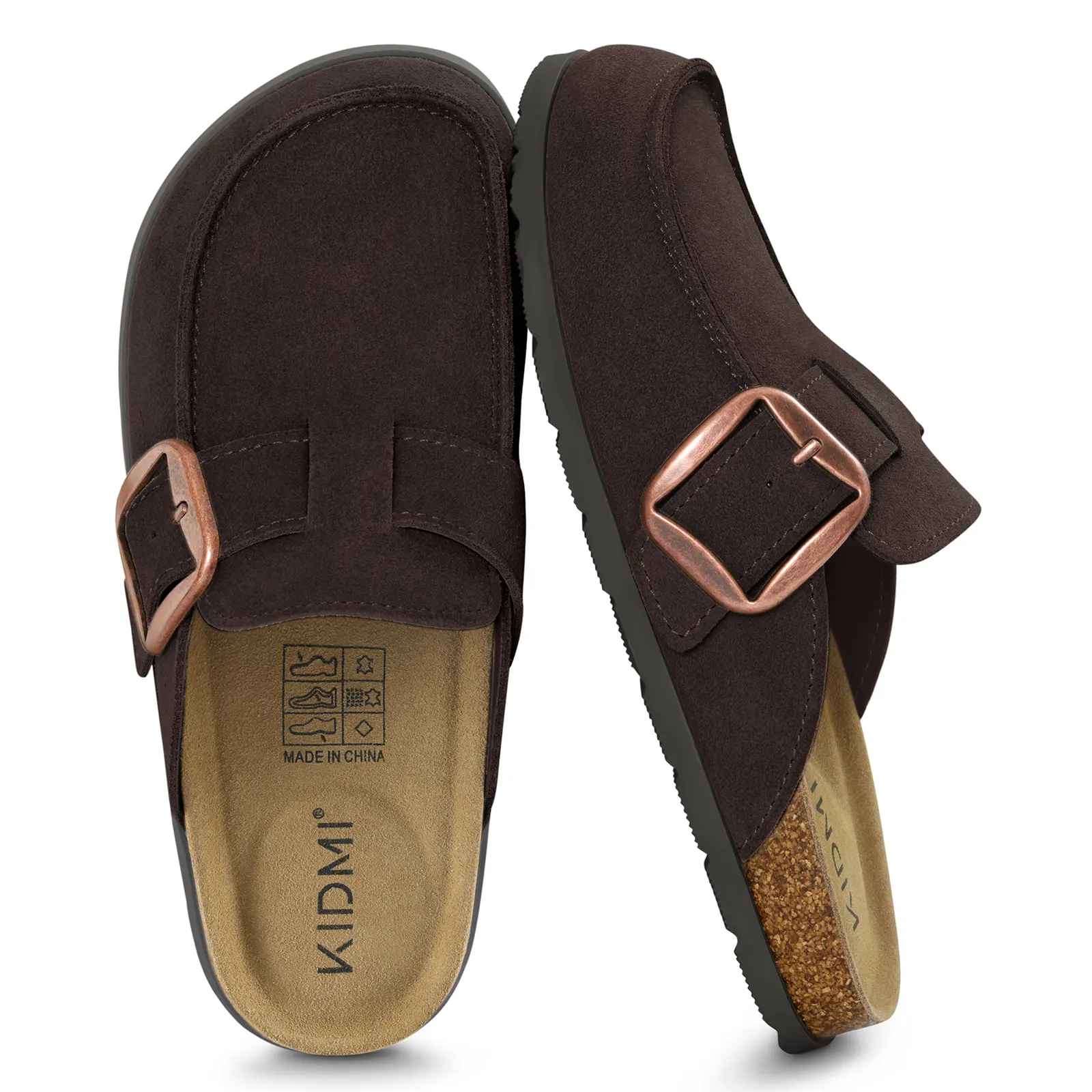KIDMI Genuine Suede Clogs for Women Men Leather Mules Memory Foam Adjustable Buckle, Cork Footbed, Rubber Sole, Non-slip, Arch Support, Casual, Cozy, Versatility, Indoor, Outdoor, All Seasons