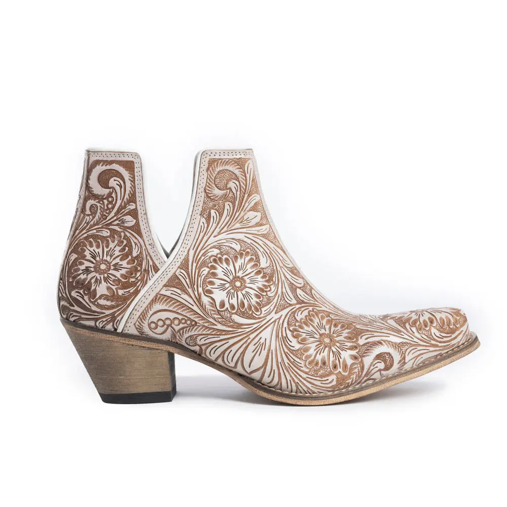 Women's Western Hand-Tooled Leather Booties in Ivory, Stylish Ankle Boot with Side Slit and Snip Toe, Classic, Footwear, Rubber, Western Elegance, Genuine Leather, Hand-Tooling, Rubber Heel
