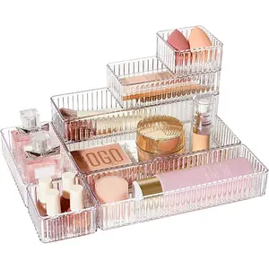 Vtopmart 7 PCS Clear Drawer Organizers Bins, 4-Size Stackable Makeup and Vanity Drawer Organizer Trays, Acrylic Bathroom Drawer Storage Containers for Cosmetic, Office Supply, Kitchen Utensils Gadgets, Clear Multilayer Storage
