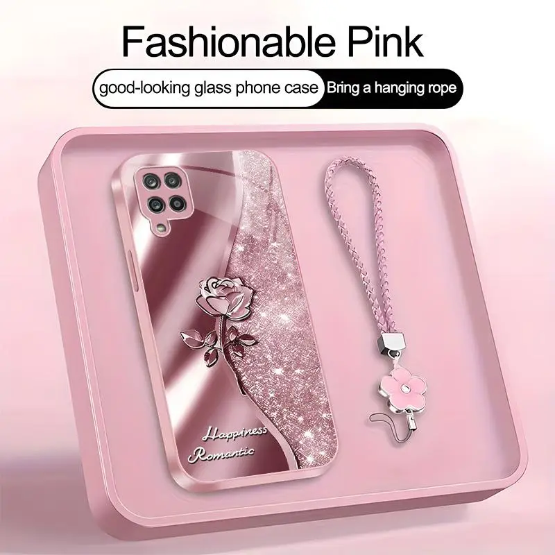 Suitable for [Galaxy A12] high-end phone case，a beautiful four-leaf clover lanyard is included,printed case, no glitter，exquisite high-quality rose pattern,a variety of colors are available for you to choose from YM99