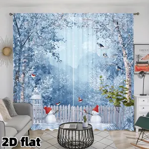 2D Flat 2Pcs Winter Wonderland Snowman Birds Print Curtains, Blue Forest Birch Tree Pattern, Rod Pocket Design, Semi Sunshade Polyester Material, Perfect for Living Room Bedroom Kitchen Home Decor, Christmas Holiday Window Treatment