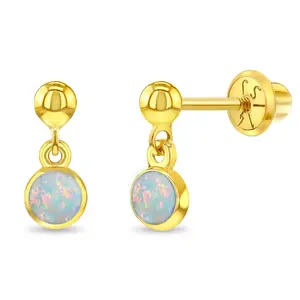 14k Gold Opal Dangle Kids / Children's / Girls Earrings Safety Screw Back