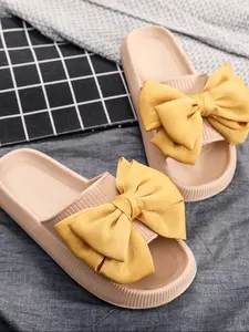 Women's Solid Color Bowknot Design Slides, Casual Comfortable Home Slippers, Non-slip Soft Slippers for Indoor & Outdoor Wear, Flipflop