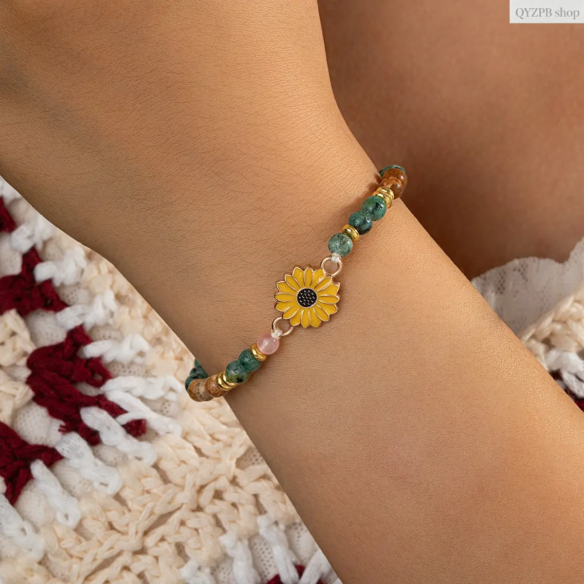 Women's Boho Sunflower Natural Stone Crystals Bracelets - Handmade Braided Corded Bangles, Adjustable Friendship Bracelet, Energy Healing Jewelry, Vintage Floral Stackable Accessory for Daily Wear, Beach Gift, Energy Healing Bracelet