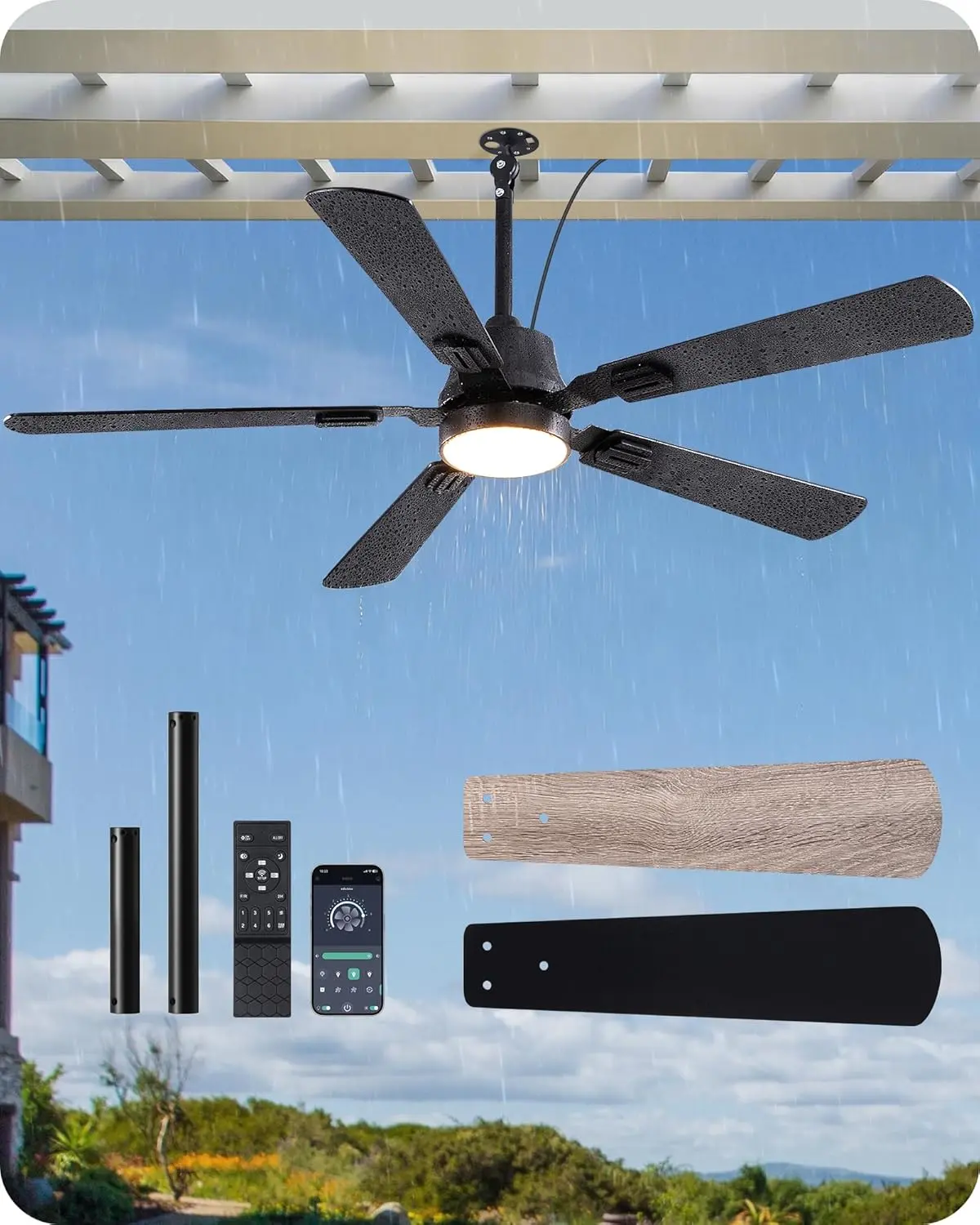 EDISHINE Outdoor Ceiling Fan with Light, IP66 Waterproof Gazebo Hanging Fan, 5200 CFM, 3CCT, APP/Remote Control, 5 Wood Blade, 6-Speed Winds, Plug in Ceiling Fans for Patios Porch Pergola, Black