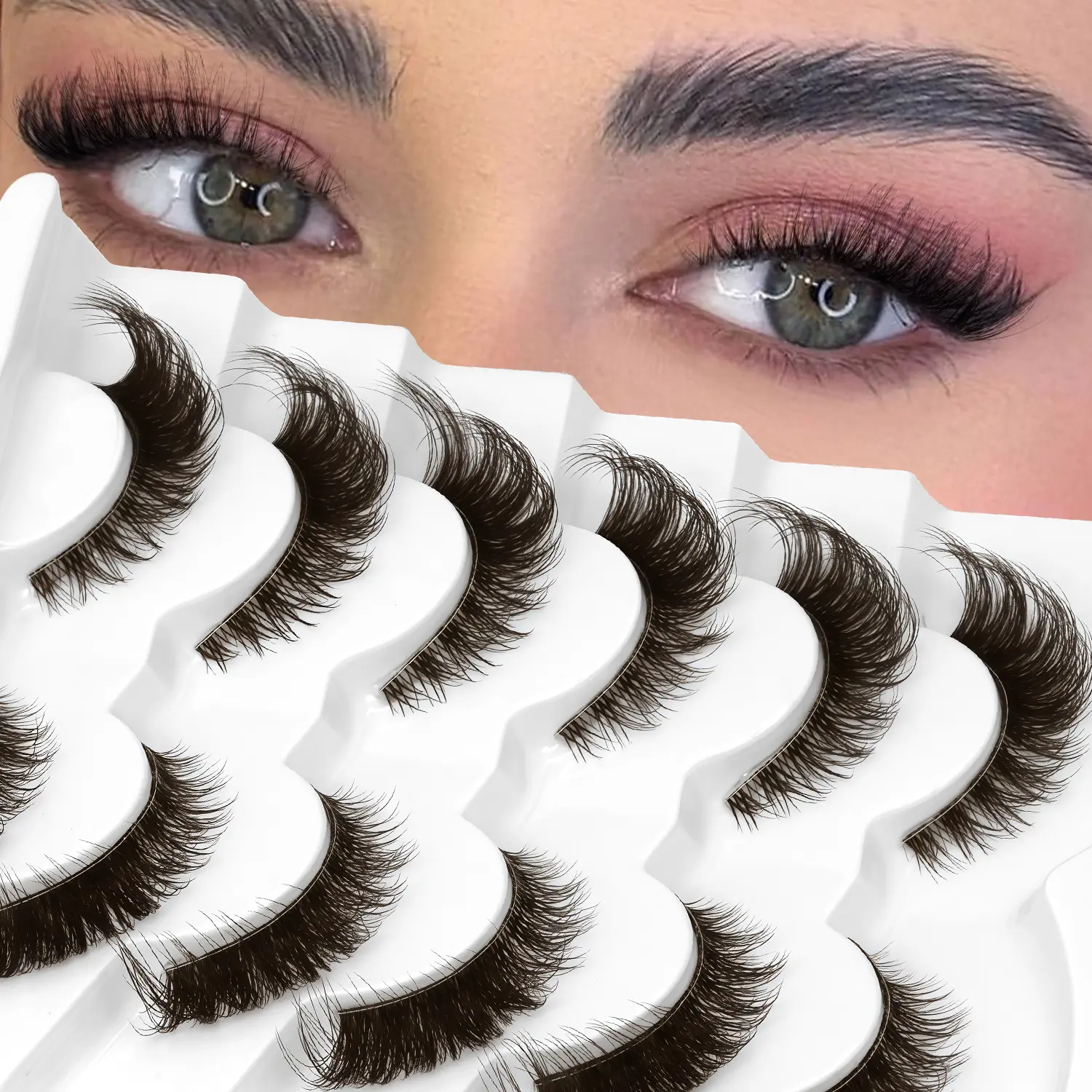 GROINNEYA 6 Pairs Cat Eye Lashes Brown Natural Look Fake Eyelashes Soft Lightweight, Extra Long Wispy Effectt, Downy Volume Faux Mink, Wispy Volume Set, Cosmetic, Suitable For All eye shapes, Perfect for Dating and Daily Wear False Eyelashes