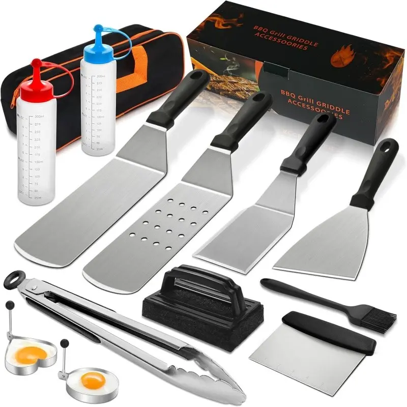 1 Set Griddle Accessories Set with Thick Stainless Steel Grill Spatula, Turner, Flipper - 14PCS Flat Top Grilling Accessories Grill Tools Kit for Outdoor Barbecue Utensils, Outdoor Bbq Utensils, Teppanyaki Camping Cooking Barbecue Tool Sets