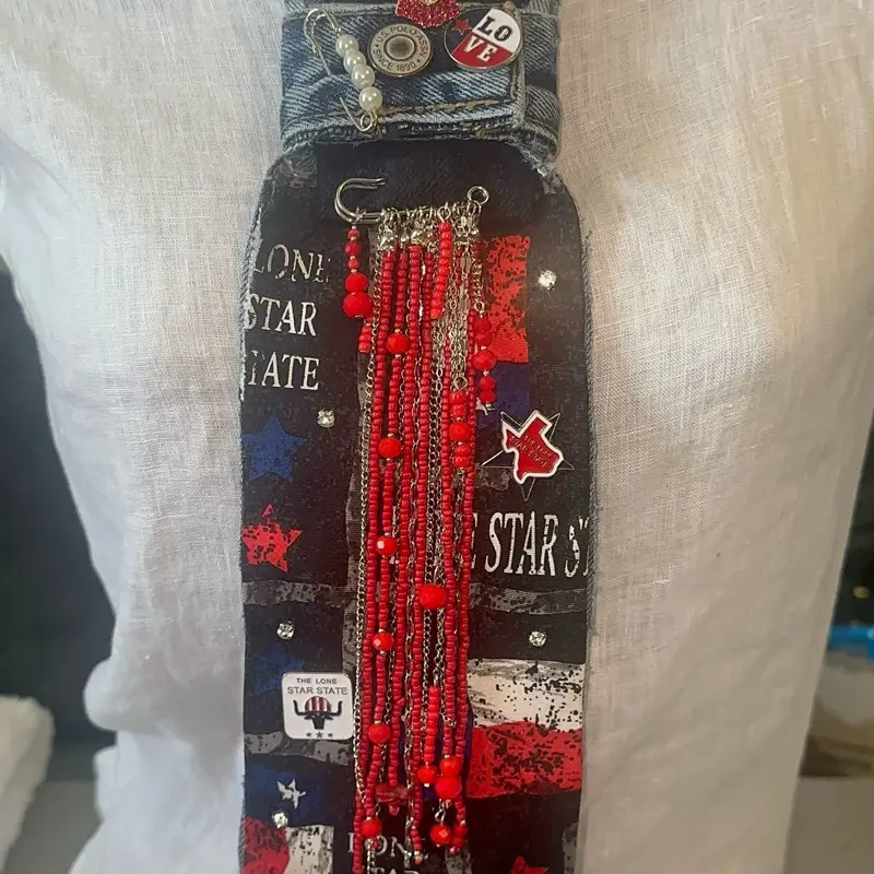Upcycled Denim Red White & Blue Texas Tie with Black Hand Embellished with Brooches Pins Rhinestones and Patches, Custom made for Women, Men & Kids