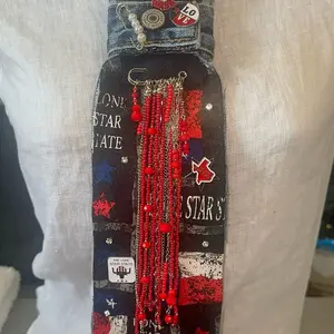 Upcycled Denim Red White & Blue Texas Tie with Black Hand Embellished with Brooches Pins Rhinestones and Patches, Custom made for Women, Men & Kids