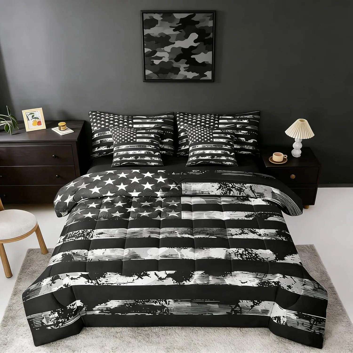 Feelyou 7-Piece Ultra Soft Military Camo Queen Bed Comforter Set - Microfiber Bedding Set with Black Retro American Flag Flat Sheet, Fitted Sheet, Couple-Focused Bedroom Decor, Bedspread Set, Bedding Quilt Set