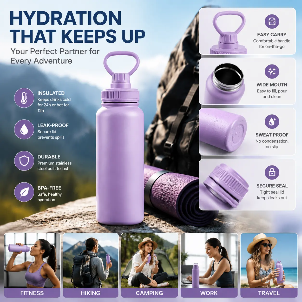 32oz Insulated Leak-Proof BPA-Free Stainless Steel Water Bottle with Secure Seal, Ideal for Fitness, Hiking, Kitchenware, Drinkware, Vacuum Flask Use, 32Oz Water Bottle