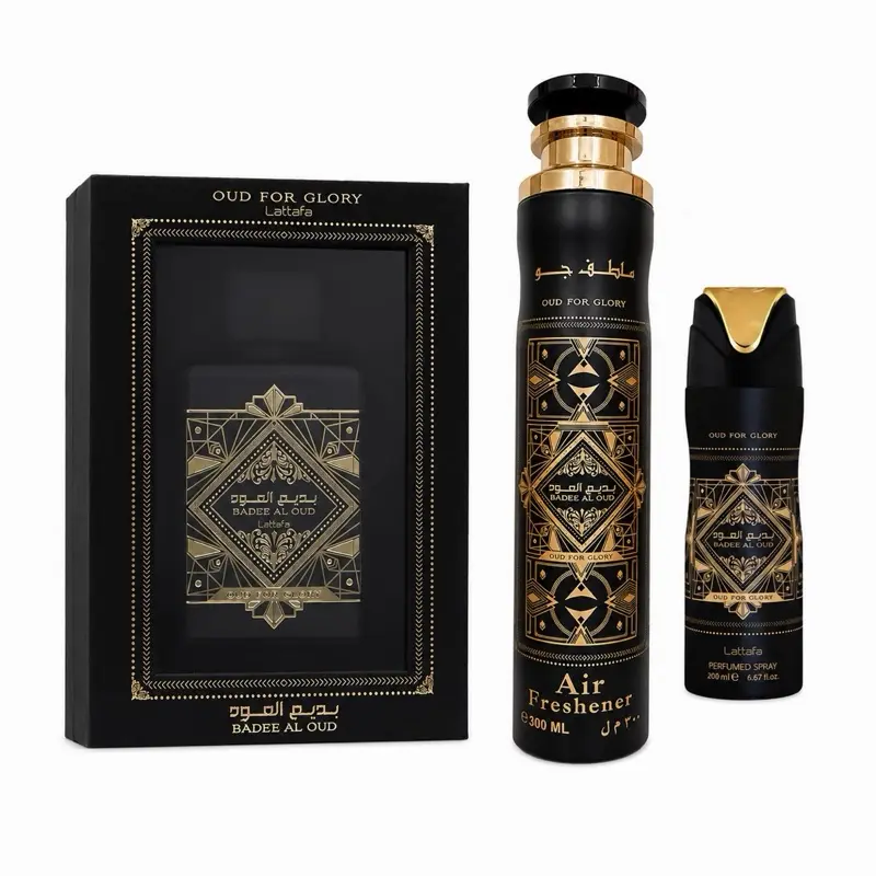 Lattafa Oud for Glory (3-Piece Bundle) for Men – Eau de Parfum 100ml (3.4 fl oz) + Perfume Spray 200ml + Air Freshener 300ml – Warm Woody Spicy Fragrance with Saffron, Nutmeg & Oud Notes, Long-Lasting Scent