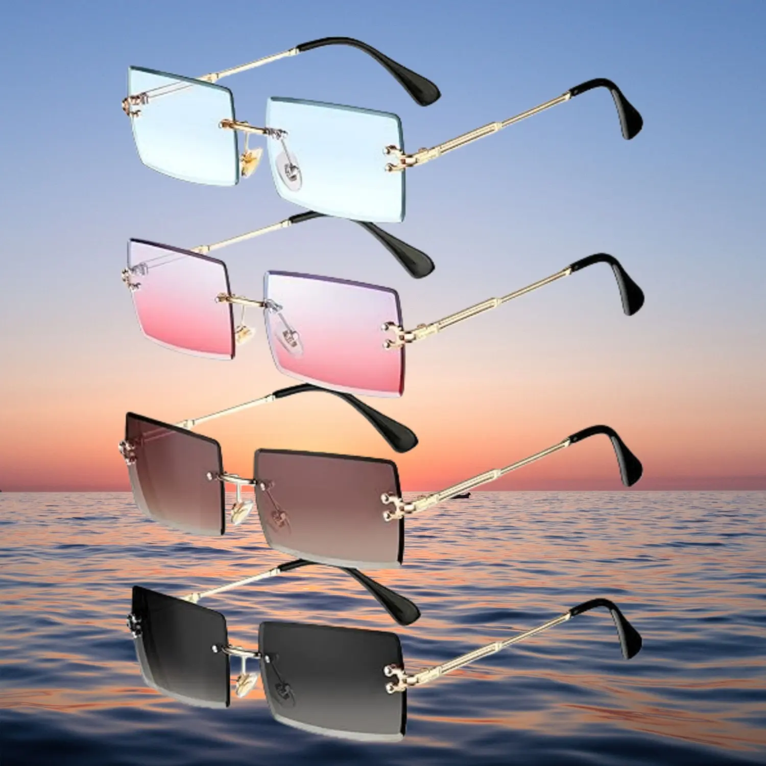 Fashionable Metal Rimless Sunglasses Set - 4 Pairs Transparent Acetate Rectangle Eyewear, Vintage Party Gift for Women Men (Home & Festive Supplies), Fashionable Sunglasses