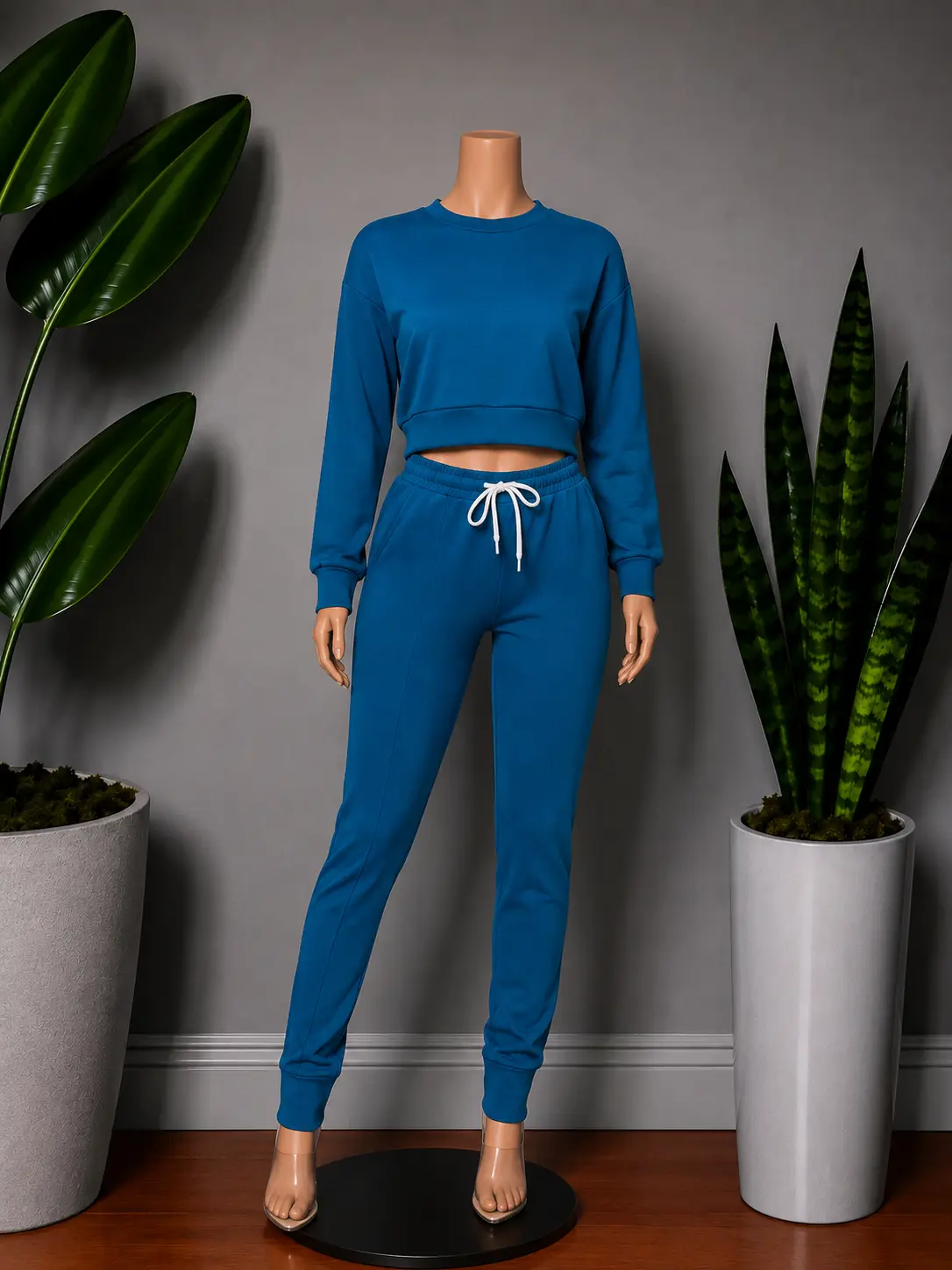 Women's Teal Blue 2-Piece Spandex Casual Clothes Set, Long-Sleeve Sweatshirt Joggers (Plus Sizes Only), Long Sleeves, Pants, Pockets, Polyester Blend, Banded Waist, Stretch Fit, Lady, Drawstring