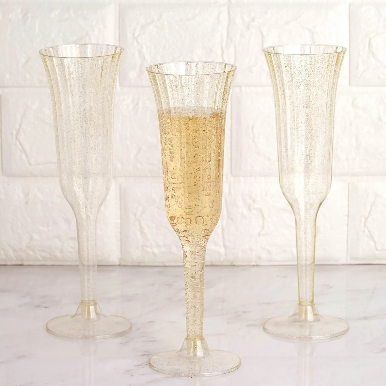 24-Pack Plastic Champagne Flutes 6oz Clear Gold Glitter Flared Design - Disposable Glasses with Detachable Base