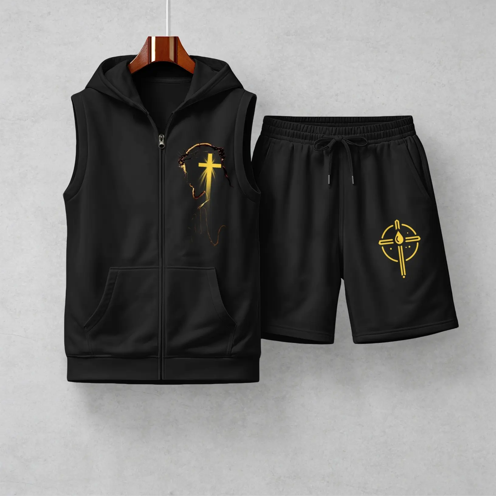 Men's Jesus Christ Cross Print Sleeveless Hoodie and Shorts Set, Two-Piece Sportswear, Summer Casual Fitness Street Style, Zippered Hooded Vest and Drawstring Shorts, Breathable, Lightweight and Comfortable Home Wear Set.