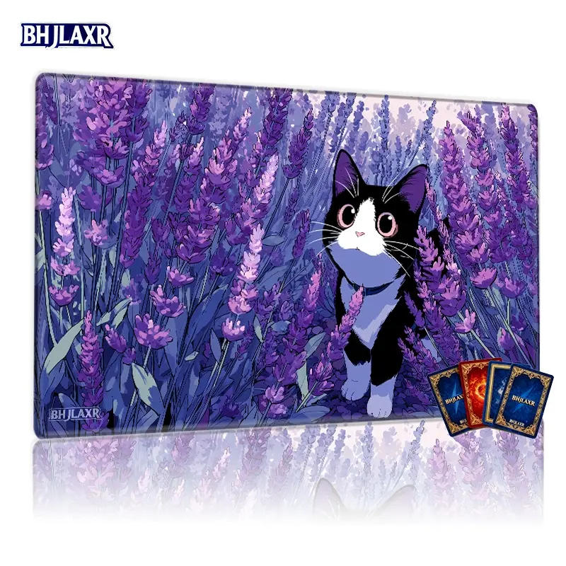 Cute Black White Cat Lavender Flower TCG MTG Playmat Mouse Pad Anime Gaming Mousepad Computer Mouse Pad Desk Accessories 12x24inch Non-Slip, Perfect for Card Game Enthusiasts Family Party Use, Ideal Gift
