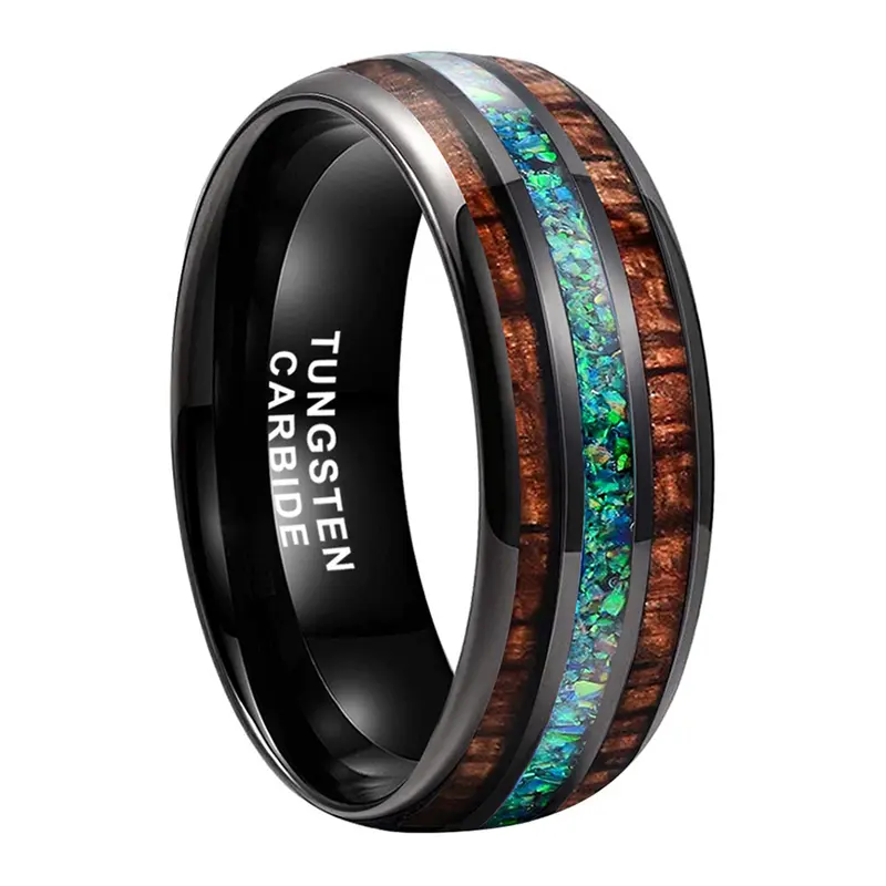 Men's 8mm Natural Wood Green Opal Inlay Tungsten Wedding Band Comfort Fit Scratch Resistant - Yonifu Durable Glow Promise Ring Gift for Him