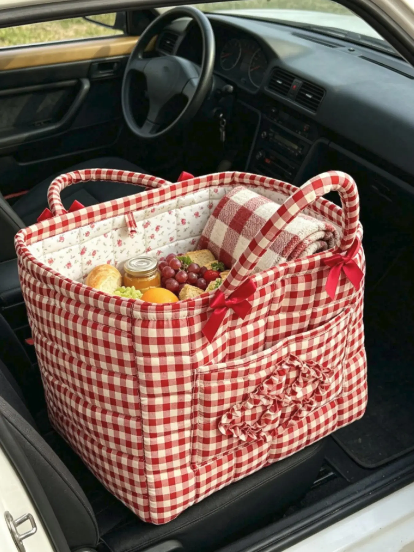 Red White Gingham Quilted Tote Bag with Bow & Ruffle Heart, Large Capacity Casual Cotton Handbag for Picnic, Travel & Daily Use, Casual Commuter Bag, Casual Handbags, Casual Trendy Bag, Checkered Bags, Casual Everyday Bag
