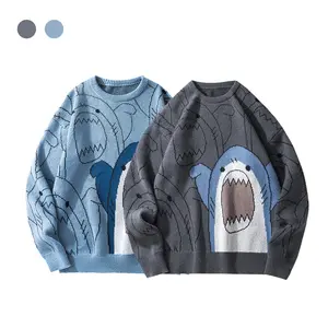 #SummerVibes Autumn Winter Fashion New Top Retro Simple Elegant Classic Basic Casual Versatile Creative Cute Little Shark Pattern Jacquard Design Unisex Long Sleeve Crew Neck Pullover Polyester Sweater Crewneck Grey