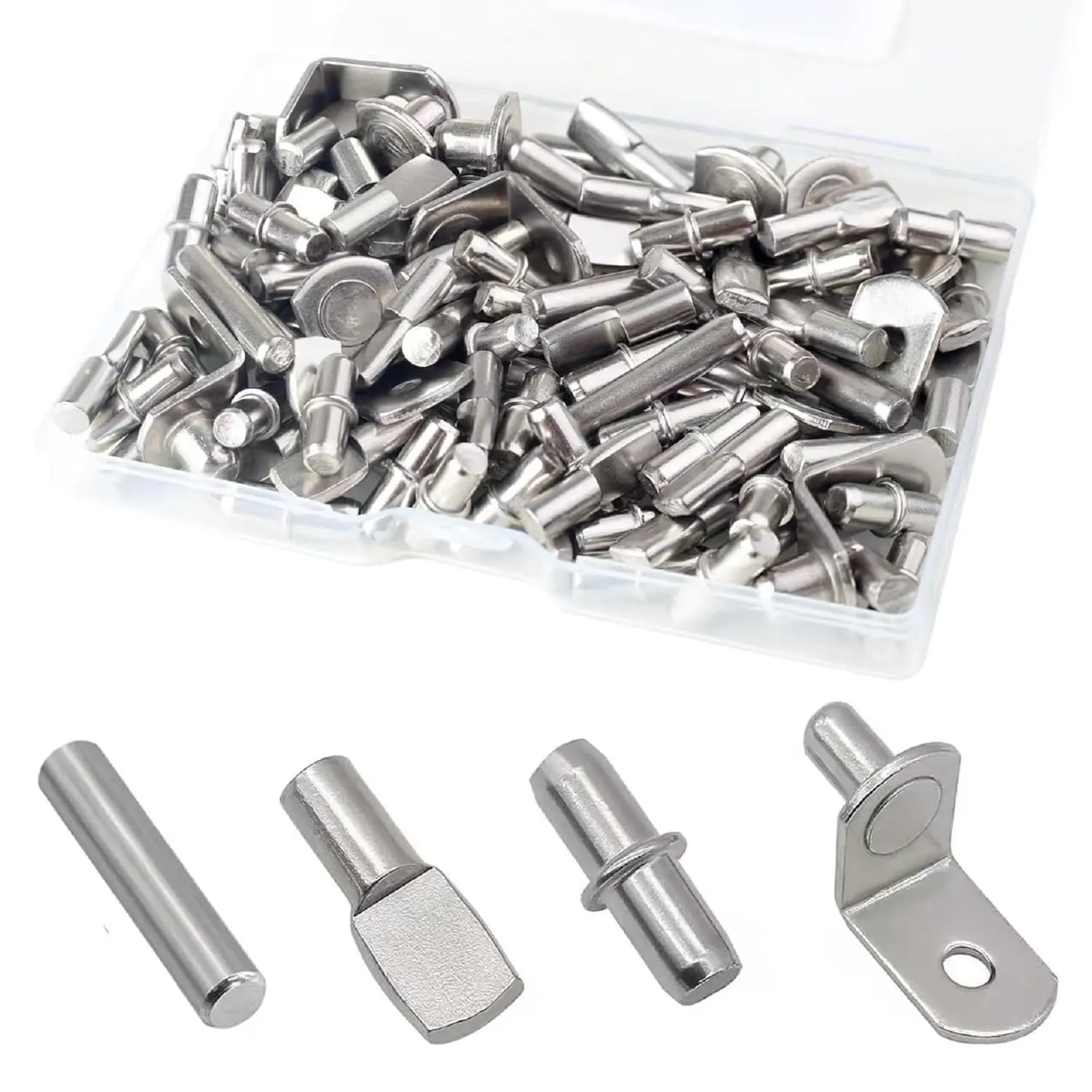 108 count Shelf Pins Kit, Metal Nickel Plated Shelf Support Pin, Bookshelf Pegs Cabinet Shelf Bracket Pegs Shelf Pins Holders for Kitchen Furniture & Closet 4 Styles ( 5mm & 1/4inch )