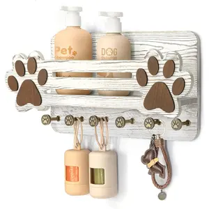 MTERSN Farmhouse Dog Leash Holder for Wall - Cute Dog Accessories Storage Organizer with Floating Shelf and 6 Key Hooks – Key Holder Wall Mount for Rustic Home Decor (White)
