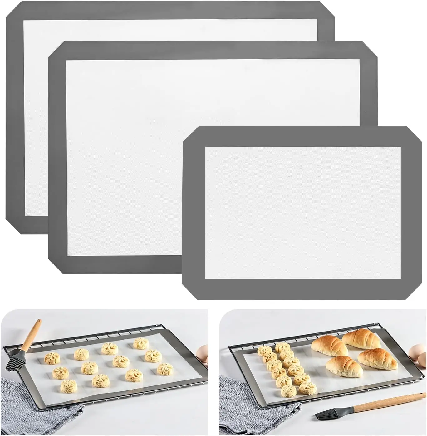 Baking Mat Set of 3, 2 Half Sheets (16.5"x11.6") + 1 Quarter Baking Sheet   Cooking Mat,  Baking Sheet for Cookies, Macarons Bread & Pastry