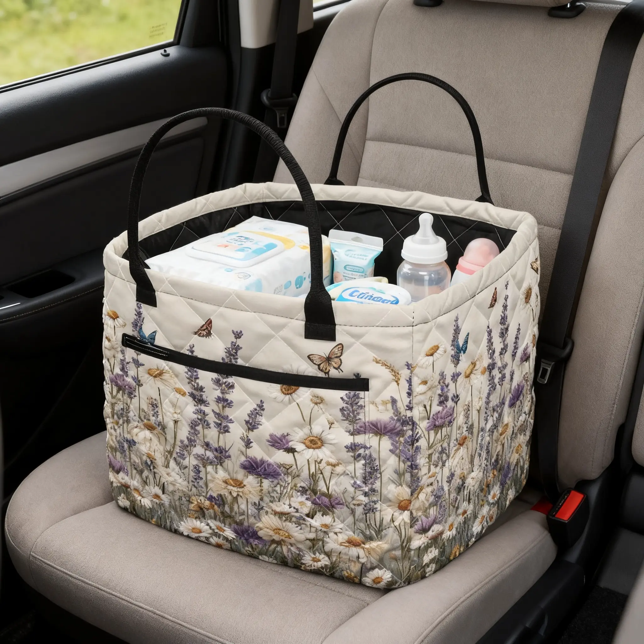 Floral Quilted Storage Basket - Large Size Quilted Bin, Foldable Washable Home Organizer with Pocket Handles, Toy Organiser for Bathroom, Gift for Mom